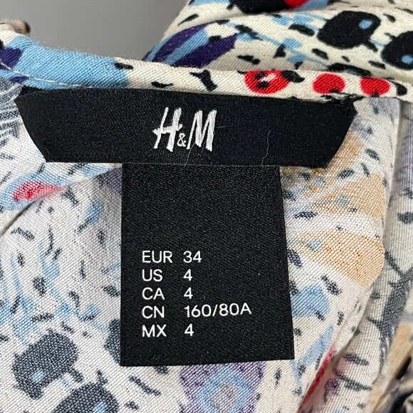 H&M Top Busy Abstract Print Eclectic High Low Cropped Sleeves Size 4 Button Back - Picture 3 of 11